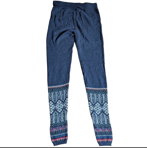 SO Cotton Blend Fair Isle Print Holiday Winter Navy Blue Sweater Tights Leggings - Picture 2 of 4